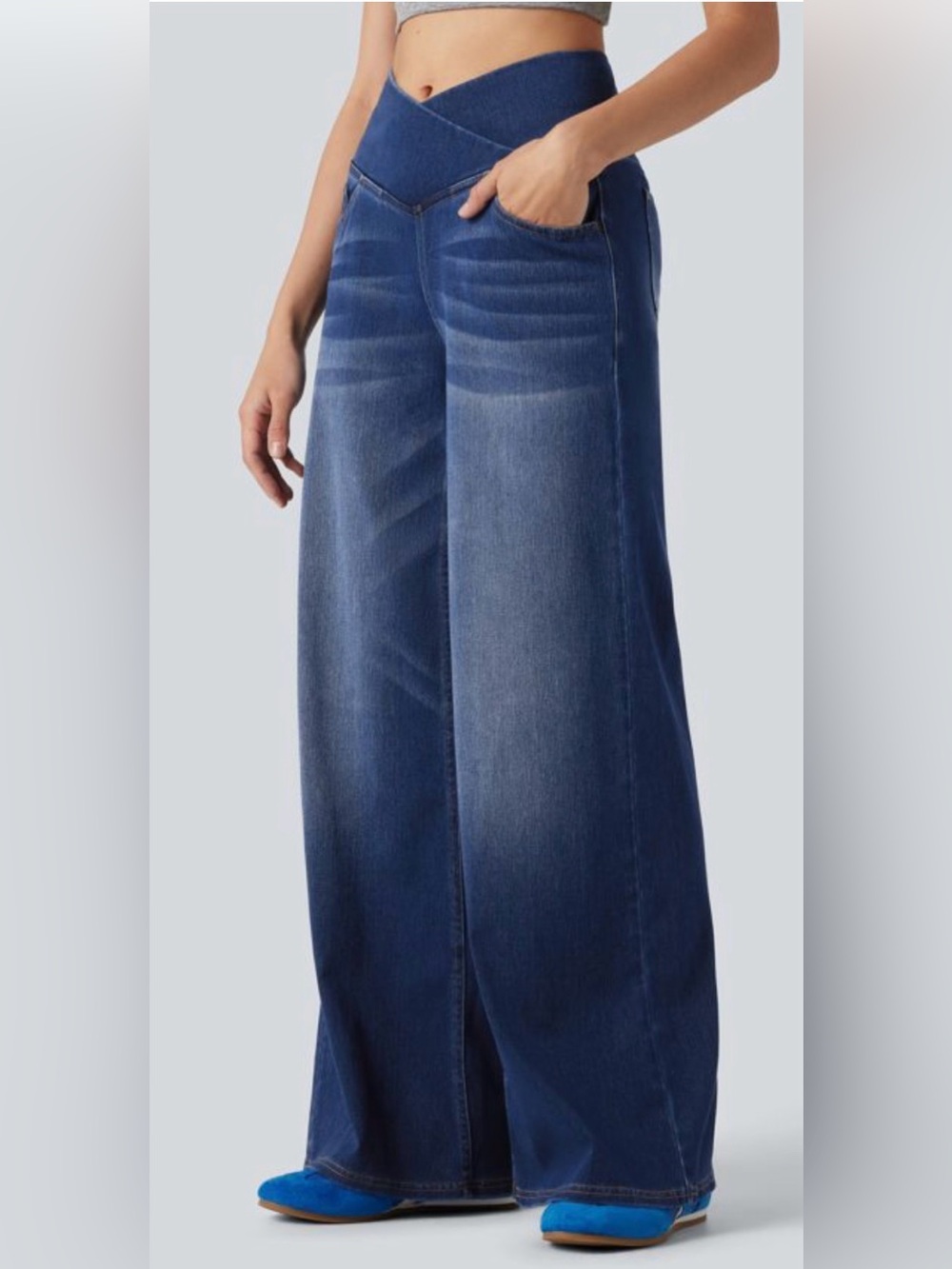 Halara Flex™ Crossover High Waisted Tummy Control Wide Leg Casual Jeans - Picture 5 of 8